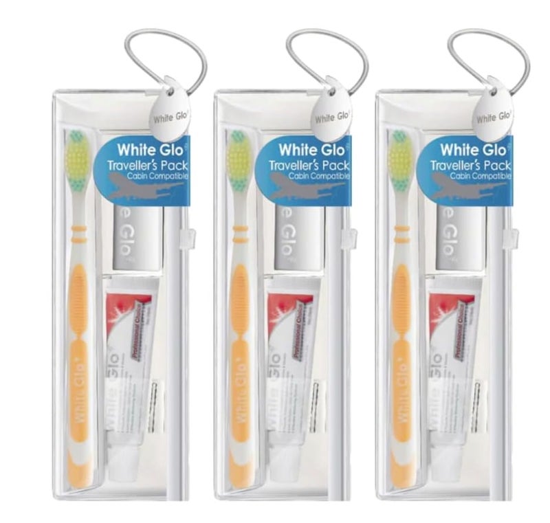 White Glo Travel Dental Hygiene Kit â€“ Teeth Whitening Toothpaste, Anti-Stain Toothbrush, Dental Flossers & Carry Case â€“ On-The-Go Oral Care -24g Travel Size, TSA Approved-(Pack of 3)
